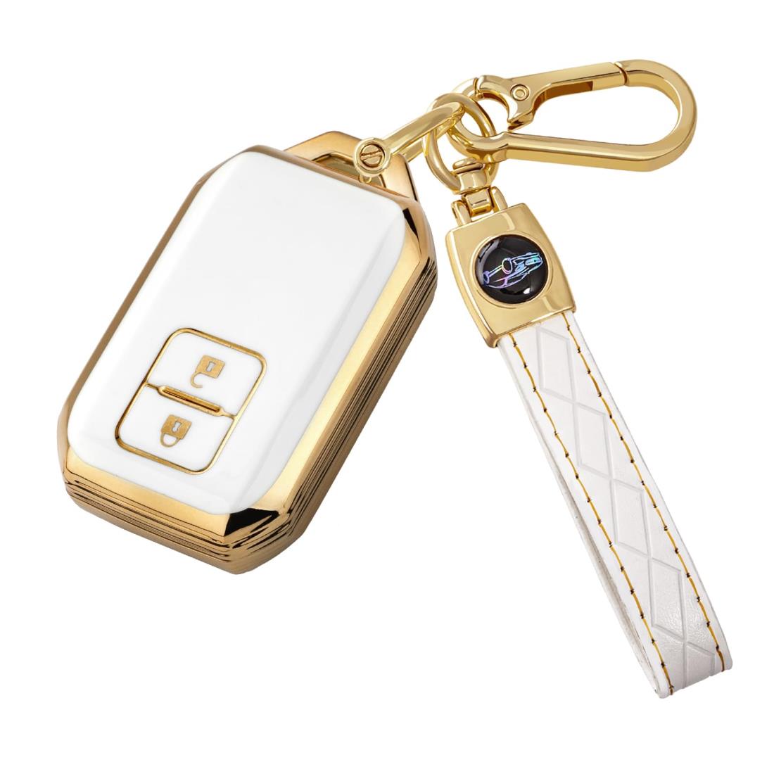 Unhoke ハスラー キーケース 新型ジムニー 64系 スペーシアカスタム キーカバー クロスビー ソリオ ワゴンr スマートキーケース キーホルダー 2ボタンオシャレ TPU製 (金白)