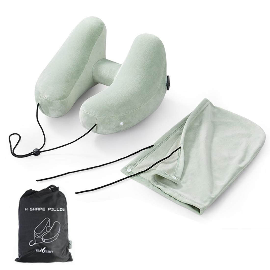 Exgox ネックピロー 飛行機 H型 エアーピロー 首枕まくら コンパクト 持ち運び便利 軽量 旅行 携帯枕 飛行機/車/バス/新幹線/ソファ/椅子/オフ ィスに適用 お昼寝/仮眠用 空気枕 快眠 快適 安眠 収納袋付き （グリーン/フード付き）