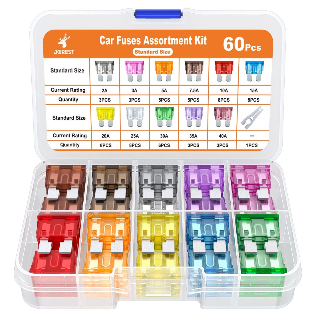 JOREST 60個車 ヒューズ、車/トラック/オートバイ用(2A 3A 5A 7.5A 10A 15A 20A 25A 30A 35A 40A)、標準平型ヒューズ + 1個ヒューズクリップ