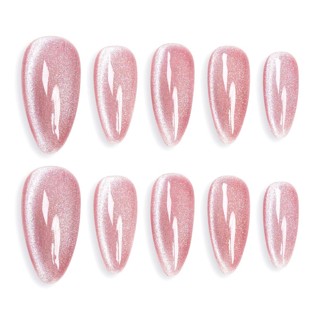 Sun＆Beam Nails 手作り ネイルチップ ミディアム ロング アーモンド 無地 撫子色 サンゴピンク キャッツアイ マグネット おしゃれ 付け爪 10枚入 (#124 S)