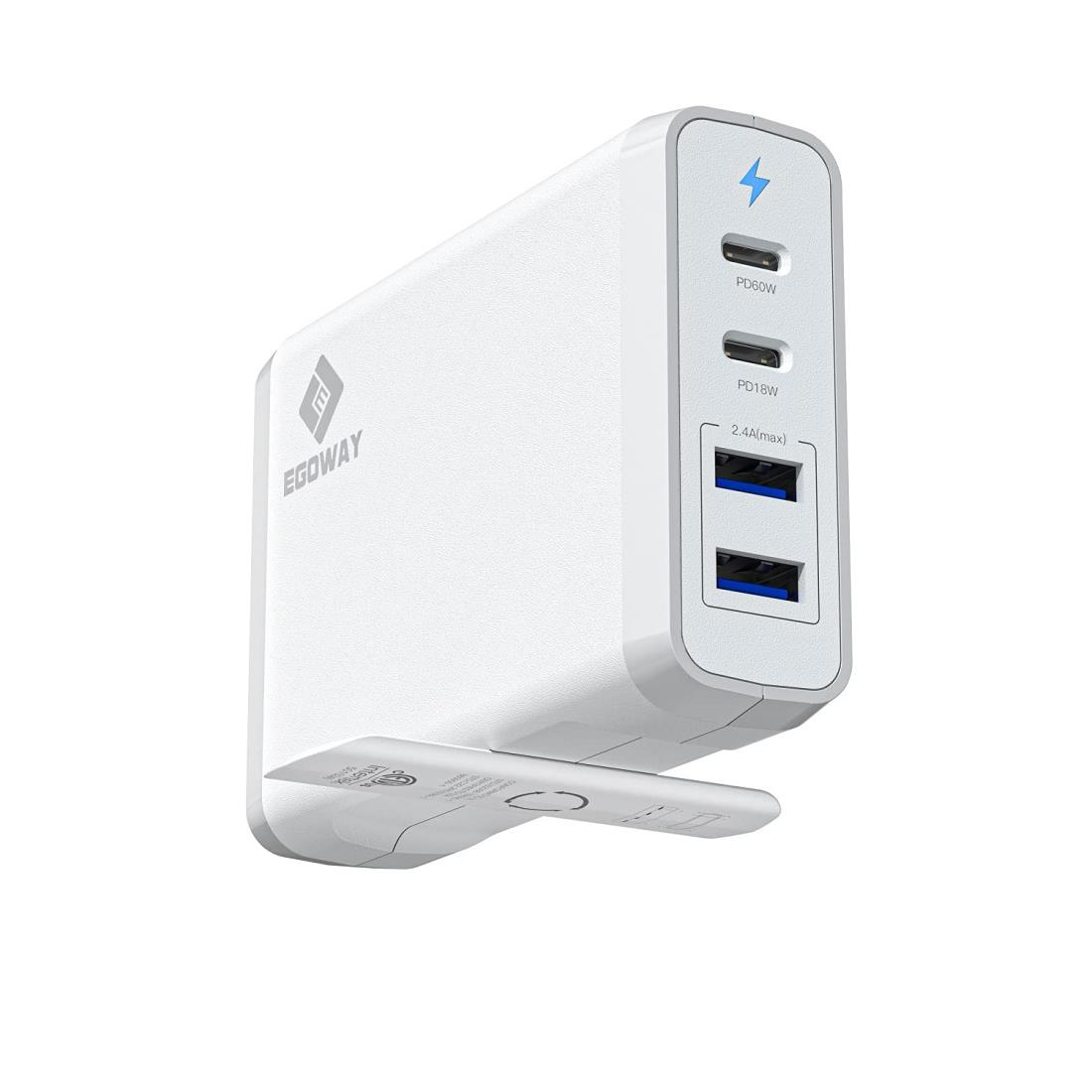 E EGOWAY USB Cポートウォールチャージャー90W 60Wおよび18W USB C PD電力供給アダプターとデュアルUSB Aポートを備えた4ポート充電器-12W (White)