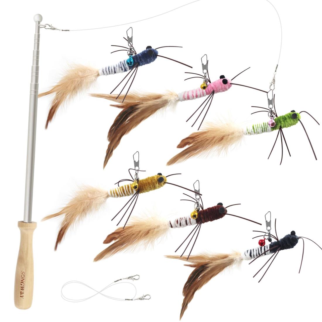SONGWAY 猫おもちゃ虫 ねこじゃらし羽 昆虫6虫しっぽ 純木の手持ち釣り竿