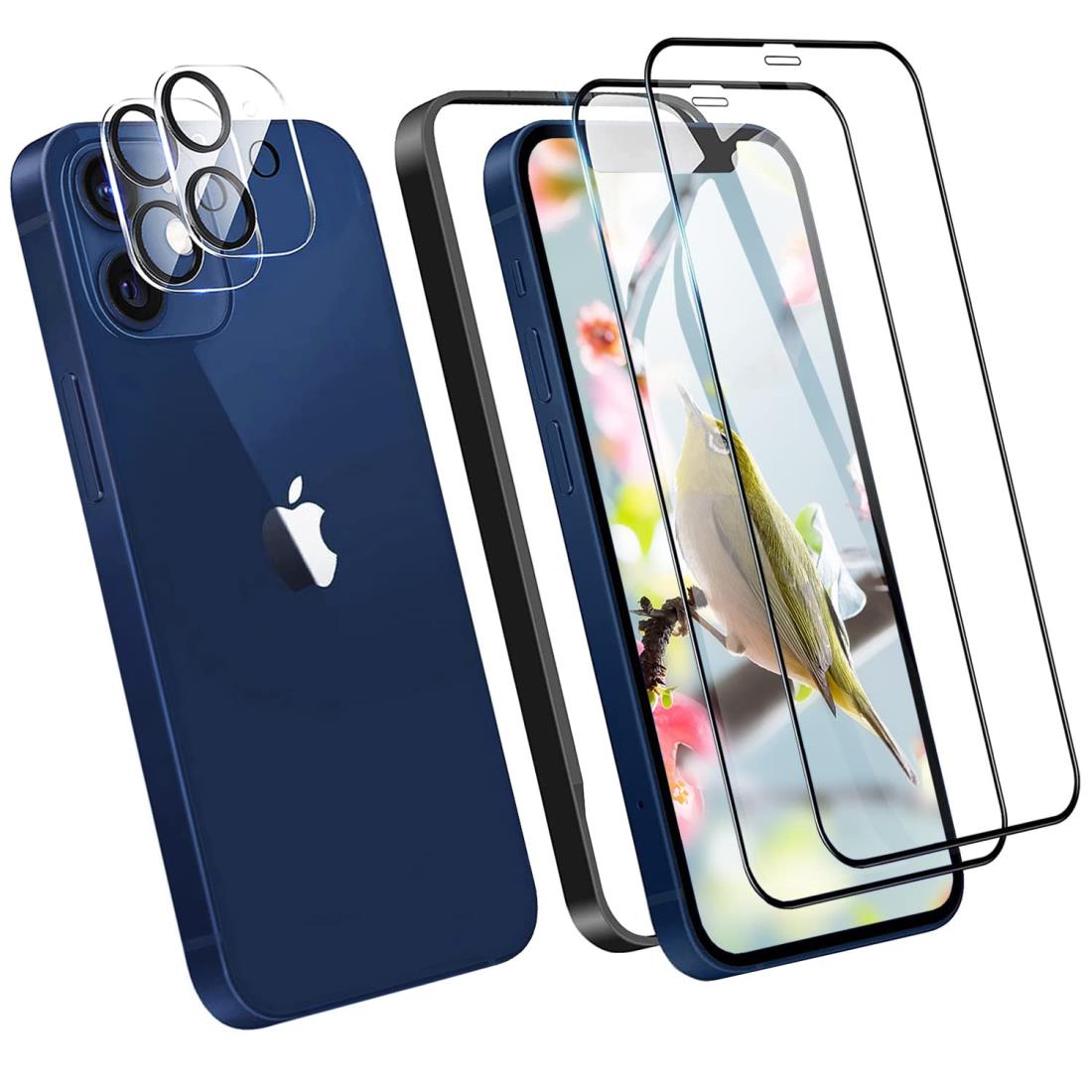 【4枚入り】i Phone12 強化ガラスフィルム2枚+i Phone12レンズフィルム2枚 高精細 6.1インチ 硬度9H 滑らかなタッチ操作 指紋付着防止 自動吸着 気泡防止 飛散防止 全面保護 ガイド枠付き