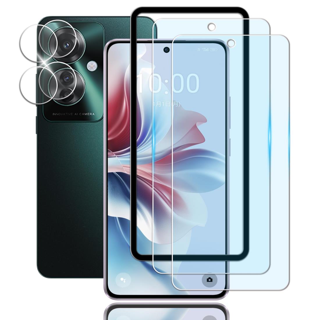 Briacicell For OPPO Reno11 A 用の ガラスフィルム【目の疲れ軽減】 オッポ リノ11A 用の フィルム【2枚 ブルーライトカット+ 2枚 レンズフィルム】OPPO RENO 11A 用の 強化ガラス 液晶保護フィルム ガイド枠付き 硬度9H 耐衝撃 飛散防止 貼り付け簡単 超薄 気泡ゼロ 高感度