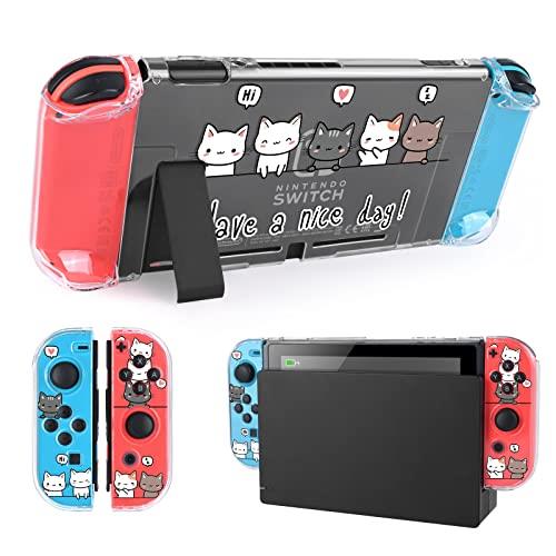 DLseego 猫 Switch 用 ケース クリアケース ニンテンドースイッチ カバー 透明スイッチカバー クリアカバー 分体式カバー PC素材 超軽量 耐衝撃 取り外し簡単 傷つけ防止 全面保護 可愛い have a nice day