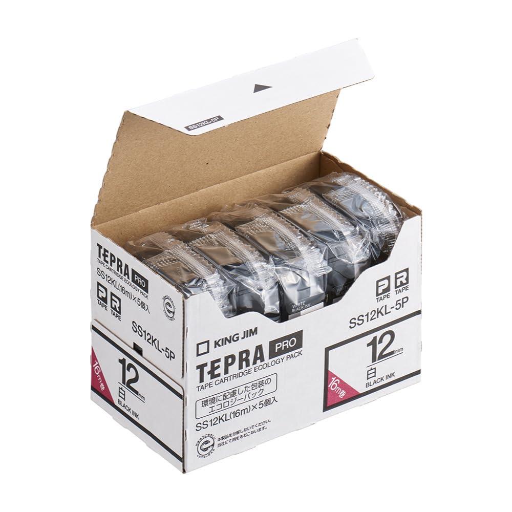 キングジム 【純正】 テプラPROテープカート リッジ エコパック5個入 12mm 白ラベル/黒文字 ロング 長さ16m SS12KL-5P