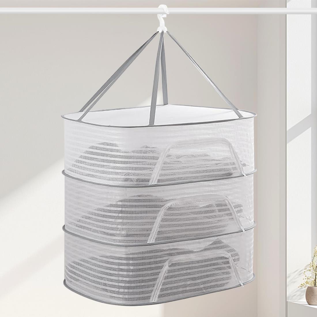 Tongwey 物干しネット 3段 型崩れ防止 平干しネット 折りたたみ収納 平置きネット コンパクト 防風 通気性 ニット干し 円形 干し網 野菜 果物 落下防止 衣類変形防止 吊り下げ式フック 室内 屋外 乾燥 密閉タイプ 耐荷重高い 干しネット セーター 洗濯物 干し網 コンパクト