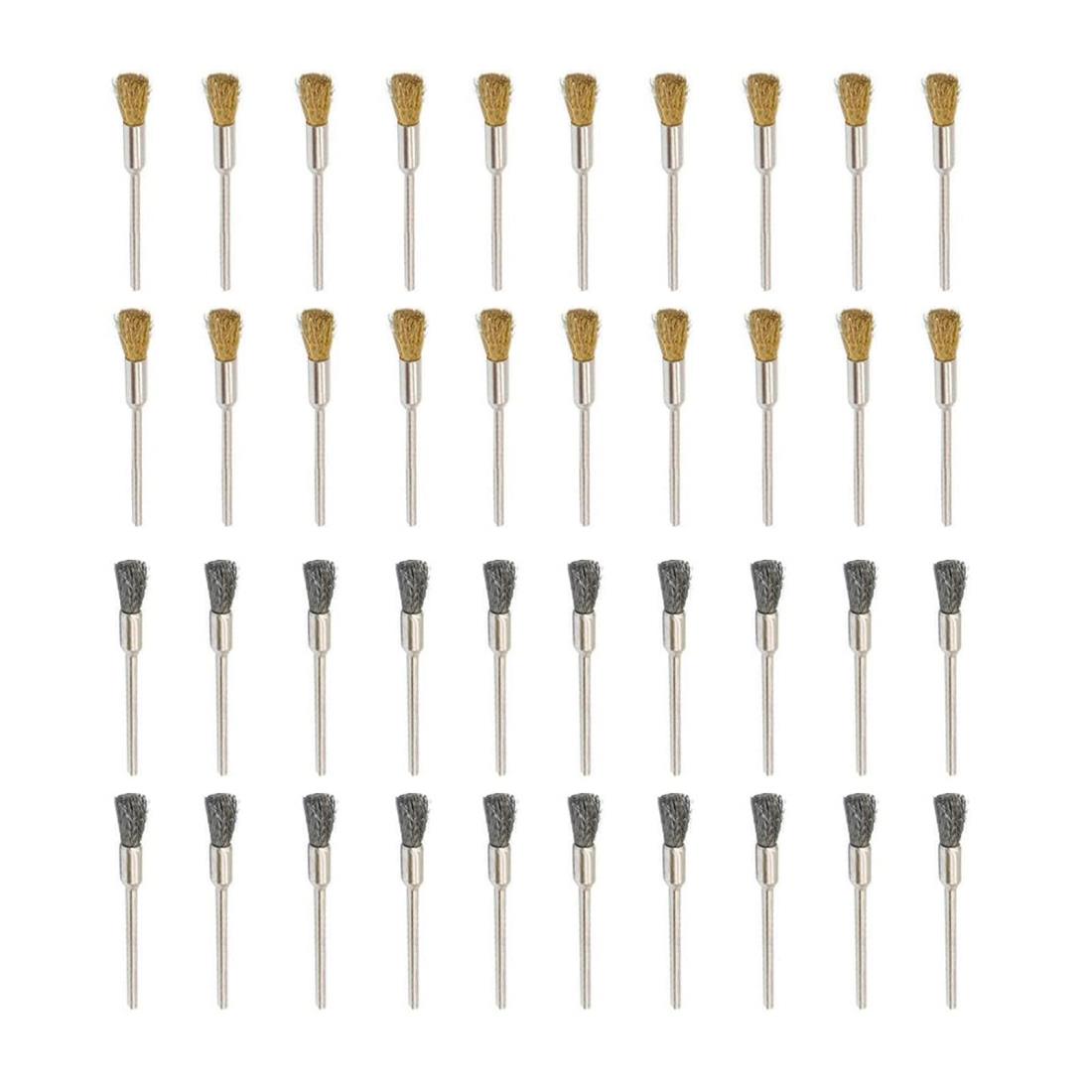 YFFSFDC ルーター ブラシ 40個入り 筆型 真鍮ワイヤーブラシ 鋼ブラシ 2.35mm軸 研磨ブラシ ドレメル ..