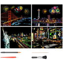 LIANHATA スクラッチアート 4枚入 スクラッチ極細ペン付き 21*29cm A4サイズ スクラッチペーパー レインボー絵 夜景 花火 観覧車 花畑 彫刻アート DIY 削るだけで美しいアート 部屋飾り (アメリカシリーズ)