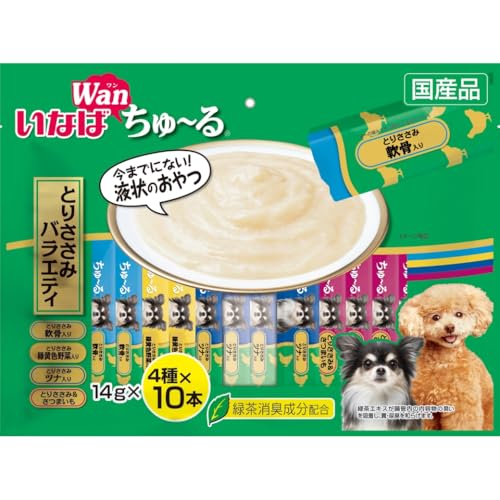 とりささみバラエティ-/14グラム (x 40)/-・パッケージ個数:1・本体サイズ(幅X奥行X高さ):39.5×3×29.5cm・本体重量:0.7kg・原産国:日本・愛犬の好きなとりささみをベースに仕上げた。・ちゅ~っと出して、なめるだけで簡単に栄養補給。商品紹介 液状おやつちゅ~るは、鮮度管理された原料をペースト状にし、ペロペロ舐めて食べられます。ちゅるっと出して舐めるだけで簡単に水分補給ができる液状おやつです。おやつとして与えたり、普段のごはんに混ぜたり、お薬を服用するときに混ぜたりと、使用用途はいろいろです 原材料・成分 【とりささみ&さつまいも】たんぱく質…6.0%以上、脂質…1.0%以上、粗繊維…0.3%以下、灰分…1.7%以下、水分…91.0%以下、エネルギー…約8kcal/本　【とりささみ ツナ入り】【とりささみ 軟骨入り】たんぱく質…7.0%以上、脂質…1.0%以上、粗繊維…0.1%以下、灰分…1.3%以下、水分…91.0%以下、エネルギー…約8kcal/本　【とりささみ 緑黄色野菜入り】たんぱく質…7.0%以上、脂質…1.0%以上、粗繊維…0.1%以下、灰分…1.3%以下、水分…91.0%以下、エネルギー…約8kcal/本 使用方法 1日4本を目安におやつとしてお与えください