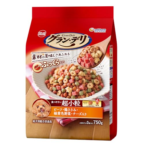 ー/750グラム (x 1)/-・パッケージ個数:1・素材のおいしさあふれる！商品紹介 ・口の小さなワンちゃんでも食べやすい超小粒タイプのドッグフード(ソフトタイプ)です。 ※粒の大きさ約40％(グラン・デリふっくら仕立て全成長段階用比) ・美味しいふっくら仕立てのグルメフード ・角切りビーフ粒、ささみ入りふんわり粒、ささみ入り大豆フレーク入り ・栄養素をバランス良く摂取できる総合栄養食 ・健康維持に必要なオメガ6＆3脂肪酸をバランス良く調整 原材料・成分 【原材料(成分)】 穀類(小麦粉、トウモロコシ、パン粉、小麦グルテン)、糖類(ブドウ糖果糖液糖、ショ糖、粉末水あめ)、肉類(ビーフミール、ポークミール、ビーフ、チキンエキス、チキンミール、ササミパウダー)、豆類(脱脂大豆、大豆パウダー、おからパウダー、大豆エキス、大豆タンパク)、油脂類、フィッシュミール、ビール酵母、セルロースパウダー、チーズパウダー、野菜類(ニンジンパウダー、カボチャパウダー、ホウレンソウパウダー)、プロピレングリコール、ミネラル類(カルシウム、塩素、銅、鉄、ヨウ素、カリウム、ナトリウム、リン、亜鉛)、グリセリン、乳化剤、増粘安定剤(加工でん粉、アルギン酸エステル)、保存料(ソルビン酸K、ソルビン酸)、ソルビトール、pH調整剤、調味料、ビタミン類(A、B1、B2、B6、B12、D、E、K、コリン、パントテン酸)、着色料(二酸化チタン、赤色40号、赤色106号、黄色4号、黄色5号、青色1号)、リン酸塩、酸化防止剤(アスコルビン酸Na、ミックストコフェロール、ハーブエキス、ローズマリー抽出物)、発色剤(亜硝酸Na) 【成分】 タンパク質17.6％以上、脂質7.5％以上、粗繊維4.0％以下粗灰分7.5％以下水分30.0％以下 【エネルギー】 約295kcal/100g 使用方法 ・必要な栄養素がバランスよく取れますので、本製品と水のみで毎日の食事として与えることが出来ます。 ・1日の食事量はパッケージの表を目安に、愛犬の体重や状態・運動量に合わせて量を調整してください。 ・食事は清潔なお皿で与え、新鮮な水をいつでも飲めるように用意してください。 ・初めて与える場合は、一度に多量を食べさせると便がゆるくなることがあるため、今までの食事に少量混ぜ、徐々に量を増やしながら1~2週間で切り替えてください。