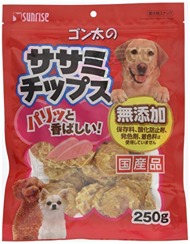 無し/250グラム (x 1)/-・パッケージ個数:1・本体サイズ (幅X奥行X高さ) :24×4×31cm・本体重量:270g・原産国:日本・栄養成分:たん白質57.0%以上、脂質1.4%以上、粗繊維2.0%以下、灰分10.0%以下、水分20.0%以下・ブラント名: ゴン太商品紹介 気になる添加物をできるだけ使わず素材の旨みをそのまま生かした嗜好性の高いスナックです。手軽に与えられるので、おやつやしつけのごほうびにおすすめです。 原材料・成分 肉類(鶏ササミ等)、豆類、でん粉類、卵類、トレハロース、ミネラル類(塩化ナトリウム)、水酸化カルシウム 使用方法 超小型犬1~4枚 小型犬4~6枚 中型犬6~10枚 大型犬10~15枚 幼犬1~4枚