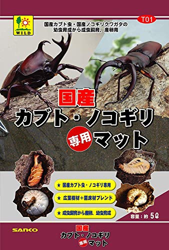 無し/無し/T01・パッケージ個数:1・本体サイズ (幅X奥行X高さ) :27×5×40cm・本体重量 :1200g・原産国:日本商品紹介 国産のカブト虫やクワガタ虫が好む国産の広葉樹材と菌床材等をブレンド、分解醗酵されたマットで、国産のカブト虫・ノコギリクワガタの 幼虫が食べた時、消化吸収し易いマットになっています。 また、幼虫がよく育つ環境(マット)という事は、メスが卵を産み付けたくなる環境になり、幼虫育成から、産卵用まで、幅広くご使用いただけるマットです。 原材料・成分 広葉樹材　菌床材