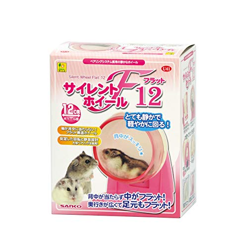 12-/12/U41・Size:12・パッケージ個数:1・本体重量:0.207kg・本体サイズ (幅X奥行X高さ) :12×9×18.8cm・原産国:中華人民共和国・セット内容:ホイール本体、回転パーツ(ロックナット付き)、スタンド、キスゴム商品紹介 サイレントホイール フラットは、安定した回転の大径ベアリングを採用し、回転時の摩擦音を軽減した小動物用ホイールです。 回転パーツを本体の背面に集約している為、本体の表面がフラットで運動時に背中が当たる事はありません。 そして、回転パーツをひねるだけでホイール本体の着脱が可能で、お手入れも楽々! ホイール径12cm 使用上の注意 ●本品はハムスター等の小動物用運動器具(回し車)です。 ●他の目的及び他の生き物には使用しないで下さい。 ●本品の取り扱いは丁寧に行って下さい。投げたり、転がしたりしないで下さい。 ●火気には絶対近づけないで下さい。 ●直射日光の当たる所、高温・高湿度になる場所には置かないで下さい。 ●幼児が本品で遊んだりしない様、注意して下さい。 ●部品の分解や改造をしないで下さい。 ●必ず、キスゴムが吸着できる壁面やケージワイヤーに取り付けて使用して下さい。置いただけの状態では、ホイールが転倒する場合があります。 ●使用している間に、固定部(回転パーツ、ロックナット)等がゆるんでくる場合がありますので、使用状況を見ながら、時々確認を行って下さい。 ●複数の生き物が居る場所(多頭飼い等)では使用しないようにして下さい。 ●回転パーツには、金属部品(ベアリング)を使用していますので、水で洗わないで下さい。金属部品(ベアリング)が濡れると、サビが発生して、回りが悪くなったり雑音が出る場合があります。 ●ベアリングの構造上、ホイールのブレに若干のバラつきがありますが、ご了承下さい。 ●サイレントホイールフラットは無音ではありません。(従来のホイールに比べて回転時に発生する音が静かなホイールです。) ●生き物の生活音や若干の回転音、また、本品をケージに固定する場合にケージ部分が揺れる事によって発する音に関しましては、ご容赦いただきますようお願いいたします。 ※生き物は、種類や性格、体格(体重やサイズ、成長など)により、個体差があります。飼育者の方は生き物の行動や習性をよく理解・観察して本品の使用範囲を超える場合や、異常や危険を感じた場合は、直ちに使用を中止して下さい。 ※飼育用品は、100%安全な環境を提供できるものではありません。生き物は、成長によって大きさが変化したり、各個体によって性格も異なります。また、四季を通して、様々に取り巻く環境も変化します。大切なペットの安全な飼育環境を常に保てるようにしてあげましょう。 ※飼育時における事故等に関しましては、責任を負いかねますので予めご了承下さい。 ※製品の仕様、価格等は予告なく変更する場合があります。 原材料・成分 PS、ABS、スチール