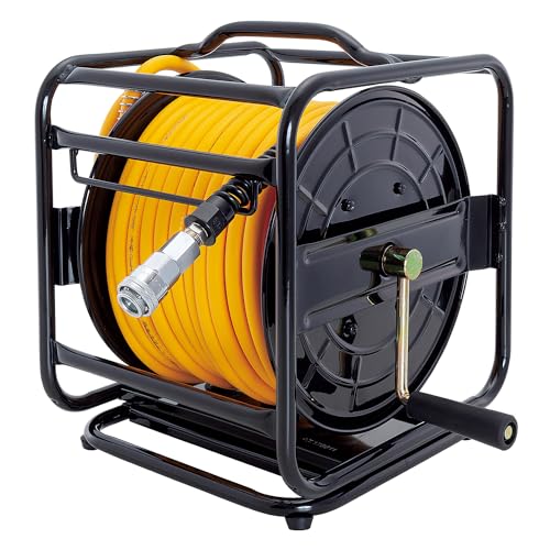 ブラック/イエロー/-/SAR-825SS・パッケージ個数:1・再考使用圧力:1.5MPa、常用圧力:1.0MPa、適応流体:空気・本体寸法:約高さ335×幅250×奥行280mm、本体質量:約6.3kg・ホース内径:8.0mm、ホース外径:12.5mm・引き出し側ホース長:25m、コンプレッサ接続側ホース長:1m・ホース:ウレタン樹脂・ナイロン、リール:鉄・真鍮・ゴム大流量8.0mm太い、柔らかいホースの回転台付きエアリール20m巻き 【用途】 空圧工具とコンプレッサーとエアー源との配管接続、長尺の圧縮空気用エアホースの巻取り収納 【特徴】 ・工具が能力を十分に発揮できるエアー流量を供給できる8.0mm内径太径ホース採用、ホースが長くなるにしたがって大きくなる圧力損失を軽減し回転系エアー工具やダスターの連続作業に最適 ・脱着が簡単なワンタッチソケット、プラグ、折れ曲がりによるホースの破損を軽減するホースガード付き ・φ13mmパイプ、補強リブ付側板採用の丈夫なリールで、折りたたんでコンパクトに収納できるホース巻取りハンドル仕様で、ホースの巻取り、引き出しの際にjホースの飛び出しを軽減するホースガイド付き ・25mのエアホースもハンドル操作だけで簡単に素早くまとめられ収納も簡単で、35cm四方のスペースがあれば収納できるコンパクトサイズ ・柔軟で、取り回しがしやすく、巻きグセがつきにくいソフト塩ビ製ホース採用