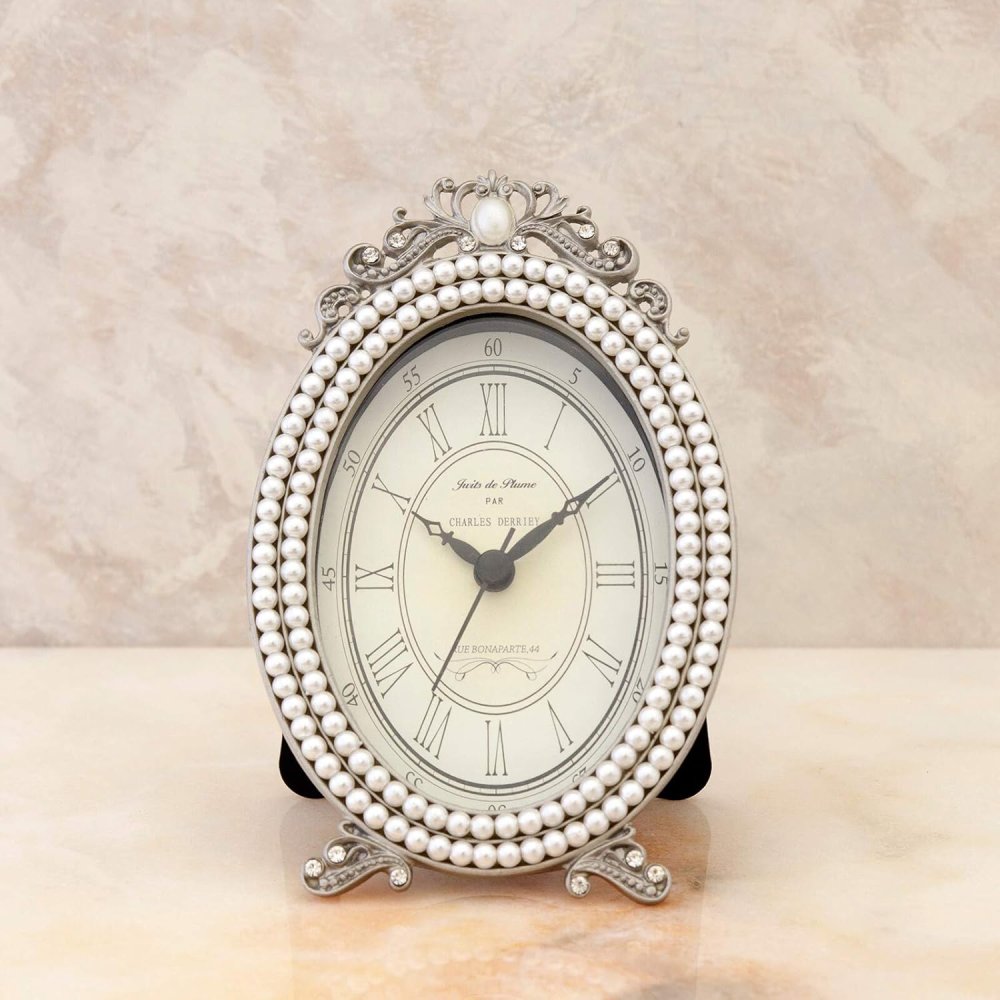 置時計 インテリア アンティーク調 パール/ラインストーン 時計 B パールオーバル604 秋月貿易