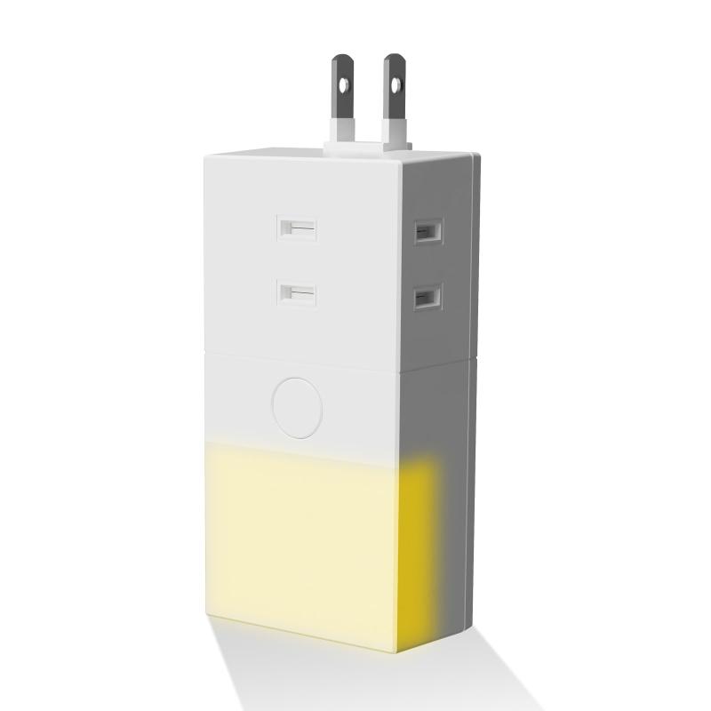 【ヒカリテラス】3個口コンセントタップ+停電時自動点灯LEDライト ほこり防止シャッター付 3段階調光 電球色 コンセント収納タイプ 充電池内蔵 持ち運びできる 合計1400Wまで