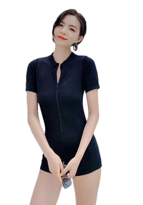 [Vilaria] 水着 ワンピース レディース オールインワン 競泳水着 体型カバー フィットネス水着 前開き 半袖 スイムウェア 胸パッド付き 女性用 水陸両用