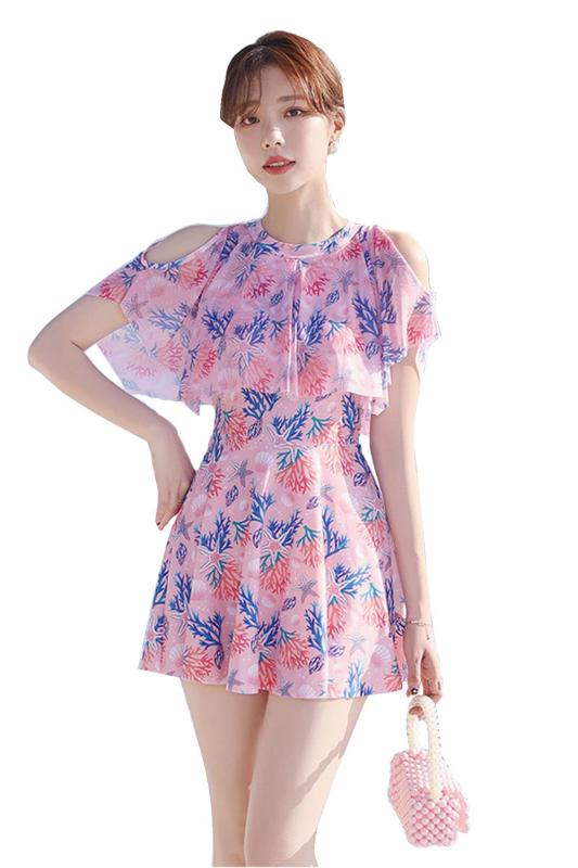 [SYitong] 水着 ワンピース レディース オールインワン 肩出し 体型カバー 着痩せ 花柄 水着ワンピース 大人 女性用 夏 バッグ 盛れる 肌触り良い 露出控えめ かわいい おしゃれ ビーチ 海 温泉