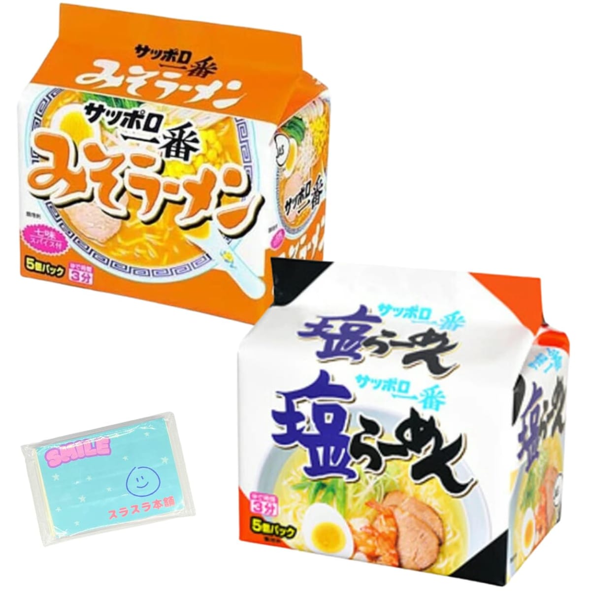 長年愛され続けている『サッポロ一番 みそラーメン』と、チキン、ポークと野菜のうまみに、香辛料がきいているコク塩スープの『サッポロ一番 塩ラーメン』をアソートセットにしました。サッポロ一番 みそラーメン：ポークをベースに、味と香りに特徴のある8種のみそを絶妙にブレンドし、香り豊かな香味野菜をきかせたバランスの良いスープが、ひと味ちがう奥深いコクと風味をもたらしています。みそを練り込むことでスープとの一体感に優れためんは、もちっとしたしなやかな食感をお楽しみいただけます。さらに別添の「七味スパイス」がスープの味わいを引き締めます。どんな具材とも相性が良い味づくりで長年愛され続けている、インスタントラーメンを代表するロングセラー商品です。サッポロ一番 塩ラーメン：チキンとポークをベースにオニオン、ガーリックなどの野菜の旨みと香辛料を絶妙なバランスで配合し、すっきりしながらも具材の味をしっかり受けとめる、真似のできないコク深い味わいスープに仕上げました。別添の「切り胡麻」が添える豊かな風味が、食欲を一層そそります。アソートだからお試しにピッタリ♪「この味食べてみたかったんだよね！」「どれがおいしいか食べくらべしてみたいな」「普段買わない味の商品も試してみたいな」そんなあなたにピッタリの商品です。 長年愛され続けている『サッポロ一番 みそラーメン』と、辛さの中にみそのうまみとコクが広がる、奥深い味わいの旨辛みそ味スープの『サッポロ一番 塩ラーメン 』をアソートセットにしました。 ●サッポロ一番 みそラーメン：ポークをベースに、味と香りに特徴のある8種のみそを絶妙にブレンドし、香り豊かな香味野菜をきかせたバランスの良いスープが、ひと味ちがう奥深いコクと風味をもたらしています。みそを練り込むことでスープとの一体感に優れためんは、もちっとしたしなやかな食感をお楽しみいただけます。さらに別添の「七味スパイス」がスープの味わいを引き締めます。どんな具材とも相性が良い味づくりで長年愛され続けている、インスタントラーメンを代表するロングセラー商品です。 ●サッポロ一番 塩ラーメン：チキンとポークをベースにオニオン、ガーリックなどの野菜の旨みと香辛料を絶妙なバランスで配合し、すっきりしながらも具材の味をしっかり受けとめる、真似のできないコク深い味わいスープに仕上げました。