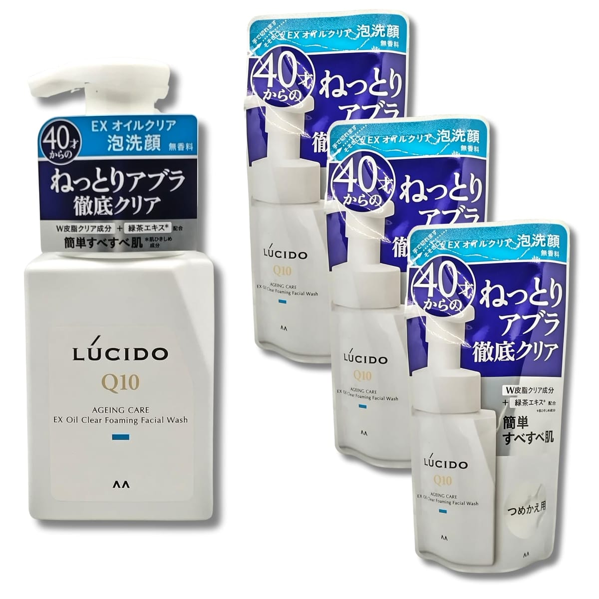ルシード EXオイルクリア泡洗顔 詰替 本体1本 + 詰め替え3本のセット【アブラを溶解除去】キメ細かな濃密泡で、毛穴の奥からアブラを吸着除去。 W皮脂クリア成分配合で、ねっとりアブラを溶解&洗浄。【肌を整える】肌にハリを与える、Q10配合。 肌のキメを整える、緑茶エキス配合。【その他特徴】シェービングにも使える。 心地よく使える、爽快な使用感。 無香料・無着色・パラベンフリー洗顔後には「ルシード　薬用スキンケアシリーズ」のご使用をおすすめします。 かならず「ルシード EXオイルクリア泡洗顔」の使用済みボトルに1回で全量をつめかえてください。 年齢とともに気になるねっとりアブラ 頑固なベタつきを泡で簡単＆速攻洗浄。 ルシード EXオイルクリア泡洗顔。 本体3本と詰替え用のセットです。