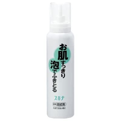 内容量 : 150g×2個原産国 : 日本 「スキナ」は、水のいらない白い泡状の皮膚清拭剤(ひふせいしきざい)。 ワンタッチで泡が出ます。これをお肌にのばし拭きとるだけで、皮膚の汚れや雑菌をすっきりとり除きます。汗臭さや体臭を防ぎ、さわやかな香りのデオドラント(防臭)効果が期待できます。アルコールを配合しておりますので、さっぱりとした清涼感が得られ、全身の清拭に適しています。 かぜや生理で入浴できないとき、ギプス・包帯除去時、登山・ドライブ・釣りなどの清拭にお使いいただくと便利です。また、入浴できない患者さんや寝たきりのご老人などの、全身の清拭にもお使いください。
