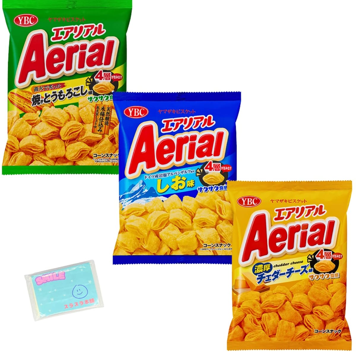ヤマザキビスケット エアリアル 65g 3種類アソートセット 【(1)しお味 (2)焼きとうもろこし味 (3)濃厚チェダーチーズ味 】 各種1袋ずつ 合計3袋セットです。メーカー独自製法で作り上げた、4層形状のコーンスナック。薄いコーンベースを4枚重ねることにより、軽快で斬新な食感を生み出した製品です。 (1)しお味 :ドイツ産岩塩アルペンザルツを使用し、程よく効いた旨みがコーンの風味を引き立て、後引くおいしさに仕上げています。 (2)焼きとうもろこし味 :フライ後に醤油だれをかけて直火で炙り、コーン風味パウダーで仕上げた香ばしい焼きとうもろこし味です。 (3)濃厚チェダーチーズ味 :フライ後にチーズクリームをかけて、チーズ風味パウダーで仕上げた、W味付け製法で濃厚なチェダーチーズ味です。アソートだからお試しにピッタリ♪「この味食べてみたかったんだよね！」「どれがおいしいか食べくらべしてみたいな」「普段買わない味の商品も試してみたいな」そんなあなたにピッタリの商品です。 ヤマザキビスケット エアリアル 65g 3種類アソートセット 【(1)しお味 (2)焼きとうもろこし味 (3)濃厚チェダーチーズ味 】 各種1袋ずつ 合計3袋セットです。 メーカー独自製法で作り上げた、4層形状のコーンスナック。薄いコーンベースを4枚重ねることにより、軽快で斬新な食感を生み出した製品です。 (1)しお味 :ドイツ産岩塩アルペンザルツを使用し、程よく効いた旨みがコーンの風味を引き立て、後引くおいしさに仕上げています。 (2)焼きとうもろこし味 :フライ後に醤油だれをかけて直火で炙り、コーン風味パウダーで仕上げた香ばしい焼きとうもろこし味です。 (3)濃厚チェダーチーズ味 :フライ後にチーズクリームをかけて、チーズ風味パウダーで仕上げた、W味付け製法で濃厚なチェダーチーズ味です。
