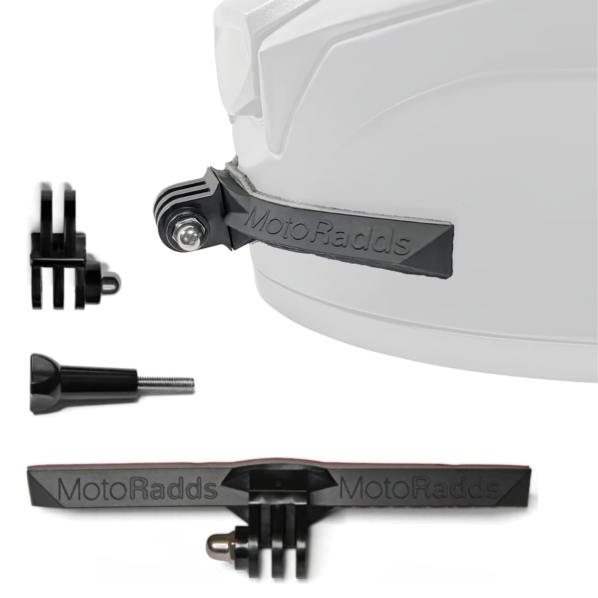 【MotoRadds 新商品】世界で唯一の成形可能な顎マウントです（特許出願中）柔軟性があり、あらゆる形状にフィットさせることができます。3M社製の強力な接着テープによりしっかり固定できます。FLEX Slimはオートバイ以外にもマウンテンバイクやモトクロス用のヘルメットなどすべてのヘルメットに使用できます。マウントが目立たないように、余分な部品を排除しました。カメラを付けていないときも邪魔になりません。※顎部分が鋭角なヘルメットには対応していません。AGV Pista/Corsa/K1 のようなヘルメットには互換性がありません。MotoRadds ではAGV 専用のマウントも取り扱っています。 【取り付け方法】 1．付属のアルコールペーパーでヘルメットの取付け箇所を拭きます。 2．テープを剥がさずにマウントをヘルメットに当て、ヘルメットの形状に合わせて成形します。 （※ヘルメットの形状によっては、マウントの先端がしっかりヘルメットに密着せず、剥がれやすくなることがあります。マウントの両方の先端を事前に曲げておくと、先端から剥がれるのを防ぐことができます。） 3．付属のプライマーをヘルメットの取付け箇所に塗り、完全に乾燥するまで待ちます。 4．マウントを中心から外側に押し出すように貼ります。