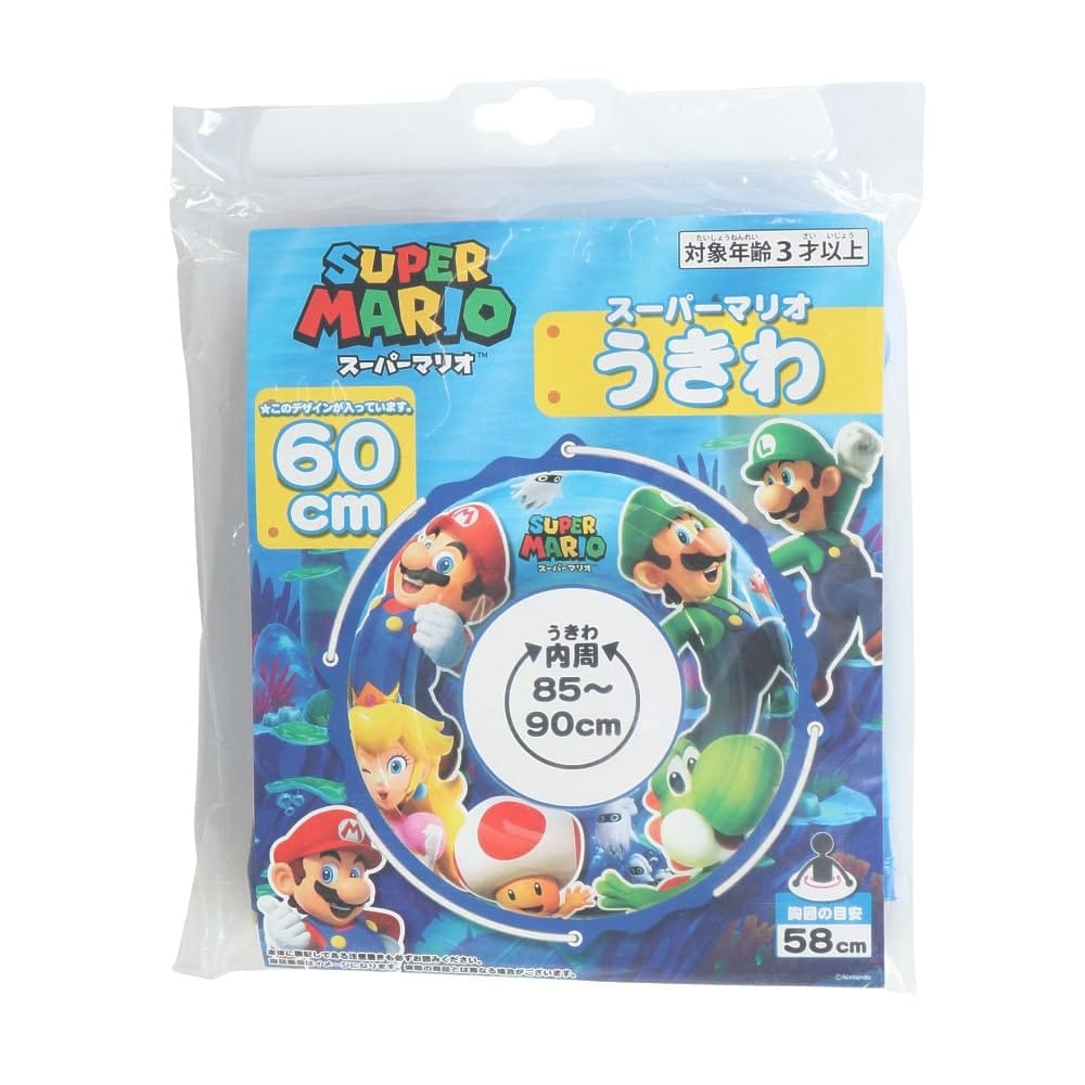 スーパーマリオのイラストがプリントされた、60cmサイズのうきわです。　 対象年齢：3歳以上 内周：85～90cm 胸囲の目安：58cm 材質：塩化ビニル樹脂 本体に表記してある注意書きも必ずお読みください。 商品画像はイメージとなります。実際の商品とは異なる場合が御座います。 材質：塩化ビニル樹脂