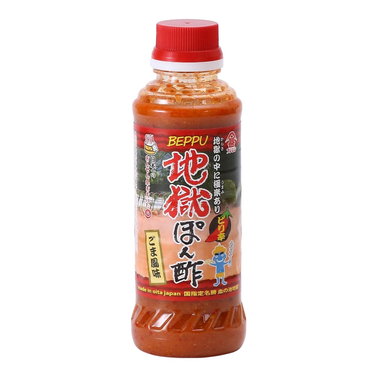 260ml×1個直射日光を避けて保存し、開封後は冷蔵庫で保存してお早目にご使用ください。醤油(小麦・大豆を含む)、砂糖、醸造酢、ねりごま、食塩、ごま、唐 辛子、ゆず果汁、米みそ、かぼす果汁、寒天、酵母エキス、アルコー ル、調味料(アミノ酸等)、増粘剤(加工デンプン、増粘多糖類)、香辛料抽出物、甘味料(カンゾウ) 別府市と別府地獄組合の協力の元、開発したゴマタイプのぽん酢です 。 ゴマの香ばしい風味、唐辛子のほどよいピリ辛の味わいが鍋物や冷や っこなど様々な料理と相性が抜群です。 パッケージにべっぷ地獄めぐり【血の池地獄】をあしらっていること でご家庭で地獄めぐりの雰囲気を味わうことができます。