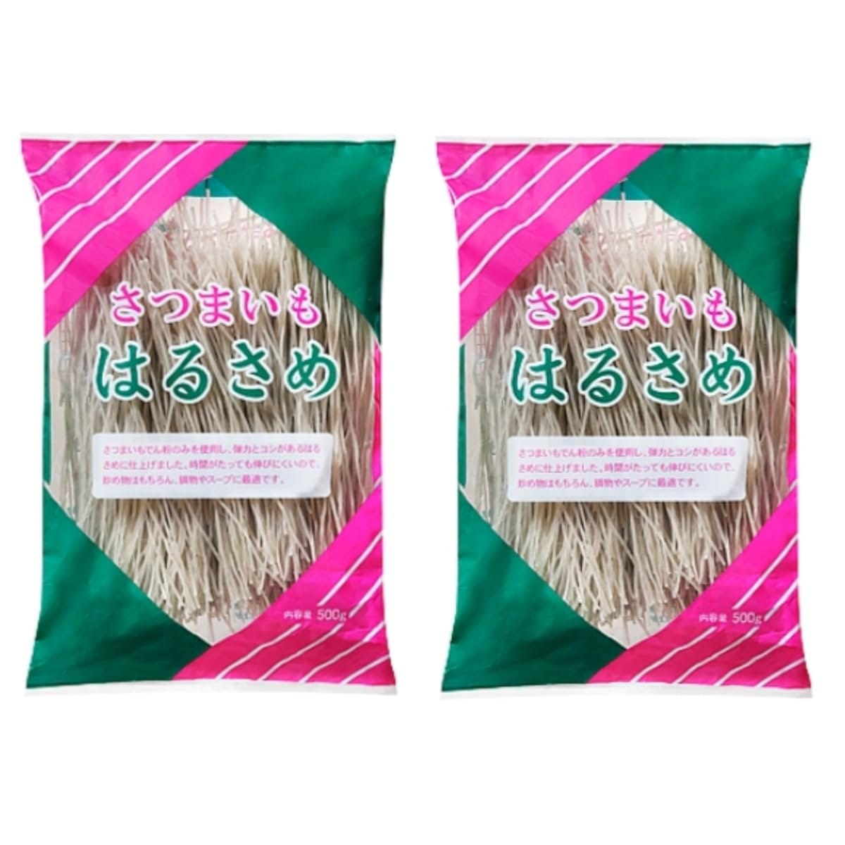内容量：500g × 2袋保存方法：直射日光、高温多湿を避けて常温で保存してください。栄養成分： 100g当たり ●エネルギー：332kcal ●たんぱく質：0.1g ●脂質：0.2g ●炭水化物：82.0g ●食塩相当量：0g原材料：さつまいもでん粉／酸化防止剤（亜硫酸塩）原産国：中国 サツマイモでん粉を使用し、弾力とコシのある春雨に仕上げました。 時間がたっても伸びにくく、つるつるとした歯触り、歯ごたえのある食感が特徴です。 チャプチェなどの韓国料理をはじめ、炒め物や鍋物、サラダ、スープ、酢の物など、さまざまな料理に幅広くお使いいただけます。大容量500g入り。