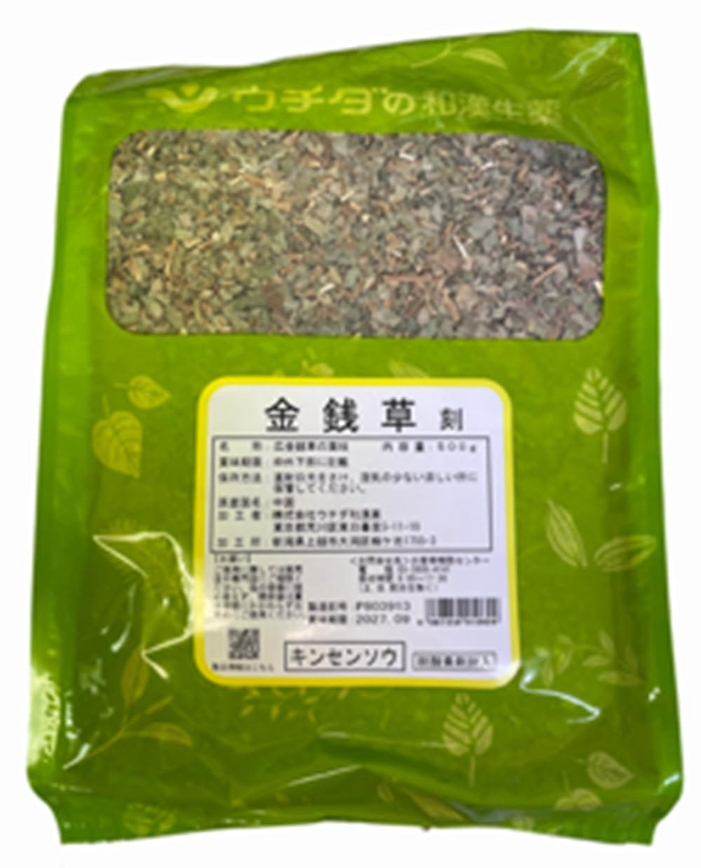 名称：広金銭草の葉枝内容量：500g原料原産地：中国 ウチダ和漢薬の生薬 【安全性の確保】精密測定機器を使い、残留農薬、重金属、ヒ素などを測定。 【安定した品質の生薬】生薬の生産地を調査、厳選。 【安心をお届け】安全且つ安定した製品を供給。 貯蔵法 漢方薬はカヒ゛や虫の害を受けやすいので、保存時には防湿、防虫、遮光、冷蔵などに配慮することが重要です。少量の場合にはブリキカンに入れ、殺虫、防カヒ゛剤などを入れて密閉しておくことをおすすめします。開封後は、なるべく湿気の少ない涼しい所又は冷蔵庫で保管してください。 形状について 刻:不整形で、約3~10mmにしたもの。 ・原産国は原料手配状況により予告無く変更させて頂くことがございます。 ・画像はイメージとなります。 ・記載価格につきましては、市場相場の変動により変更することがございます。