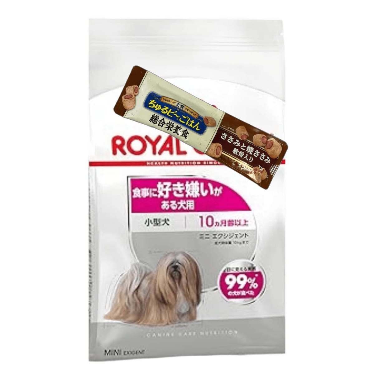 食事に好き嫌いがある犬は、「匂い」、「大きさ」、「味」、「食感」の好みを満足させてあげる必要があります。高品質なタンパク質をはじめ、原材料を厳選し、好き嫌いのある犬でも喜んで食べるアロマを実現しています。 キブル（粒)の大きさや形、硬さに至るまで、小型犬が食べやすく工夫されています。さらに外側はカリッと歯ごたえが良く、中身は柔らかくてクリーミーに設計された2層構造が食欲を刺激します。おやつをあげるのは出来る限り控え、毎日決まった時間に食事を与えるようにしましょう。 愛犬の健康について悩みや知りたいことがある場合には、かかりつけの動物病院で相談することをお勧めします。鮮度と栄養価を長期間維持するために管理された環境の下で包装しています。メーカーからのリニューアルにより、予告なく仕様(パッケージ・原材料・生産国等)が変更される場合があります。また、在庫切り替えのタイミングによっては新旧商品が混在する場合がございます。ご了承ください。 犬は、フードのにおい、大きさと形、食感、味の4つの基準でその食事がおいしいかどうかを判断しています。食べムラの多い犬には、食欲を刺激するにおい、食べやすい大きさ、噛みやすい食感、高脂肪な栄養バランスのフードを与えることが重要です。ケーナイン ケア ニュートリション エクシジェントは、これらの4つの基準に対応した、高嗜好性のフードです。外はサクサク、中はやわらかい二層キブルが愛犬の食欲を刺激します。 肉類（鶏、七面鳥）、動物性油脂、米、植物性分離タンパク（消化率90%以上）、小麦粉、コーンフラワー、加水分解タンパク（鶏、七面鳥）、植物性繊維、ビートパルプ、魚油、フラクトオリゴ糖、ルリチシャ油、マリーゴールドエキス（ルテイン源）、アミノ酸類（タウリン、L-カルニチン）、ポリリン酸ナトリウム、ミネラル類（Cl、K、Na、Mg、Zn、Mn、Fe、Cu、I、Se）、ビタミン類（コリン、E、ナイアシン、C、パントテン酸カルシウム、B6、B2、B1、葉酸、A、ビオチン、B12、D3）、保存料（ソルビン酸カリウム）、酸化防止剤（ミックストコフェロール、ローズマリーエキス） ・粒の色、形、大きさ等のばらつきは天然由来の原材料を使用しているために起こるもので、品質に問題はありません。 ・輸送、保管時の気温の変動により、油脂成分が粒の表面に溶け出してくることもありますが品質に問題はありません。