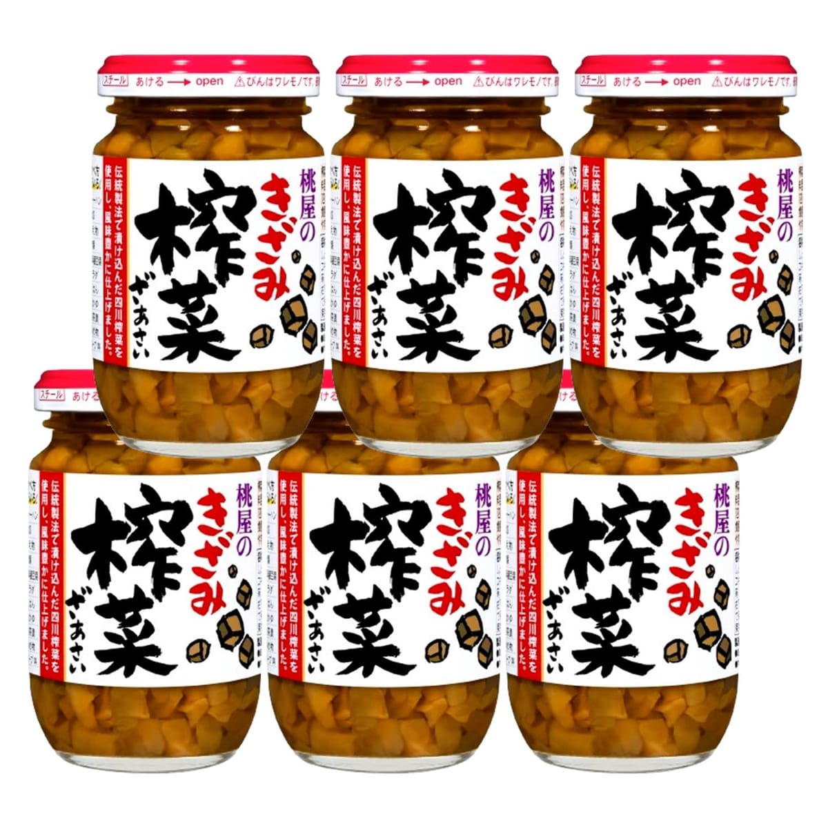 原材料：榨菜、ごま油、しょうゆ（小麦・大豆を含む）、砂糖、酵母エキス、玉ねぎ粉末／調味料（アミノ酸等）、酸味料アレルゲン：小麦・ごま・大豆栄養成分値（100gあたり）：エネルギー121kcal、たんぱく質2.1g、脂質9.9g、炭水化物7.6g、食塩相当量6.1g