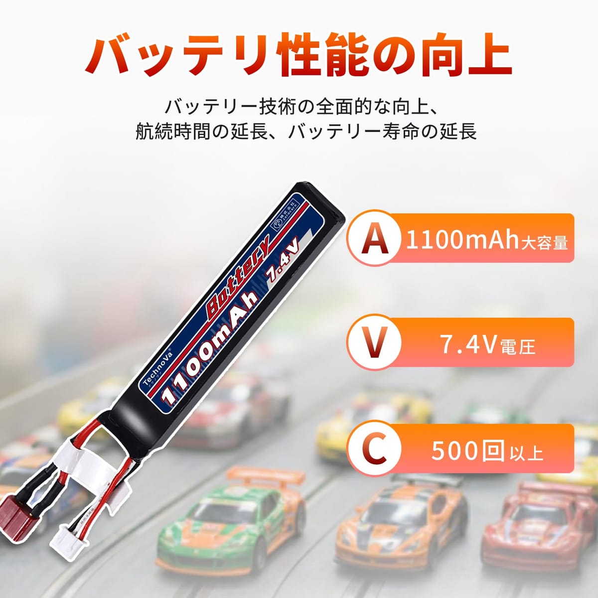 shop fuuのRCリポバッテリー 互換リポバッテリー Tプラグ付き105×20×11mm Tプラグリポバッテリー RCカー用 RCトラック用 7.4V 1100mAh 8.14Wh 2S 25C 2026DJ｜アングル2