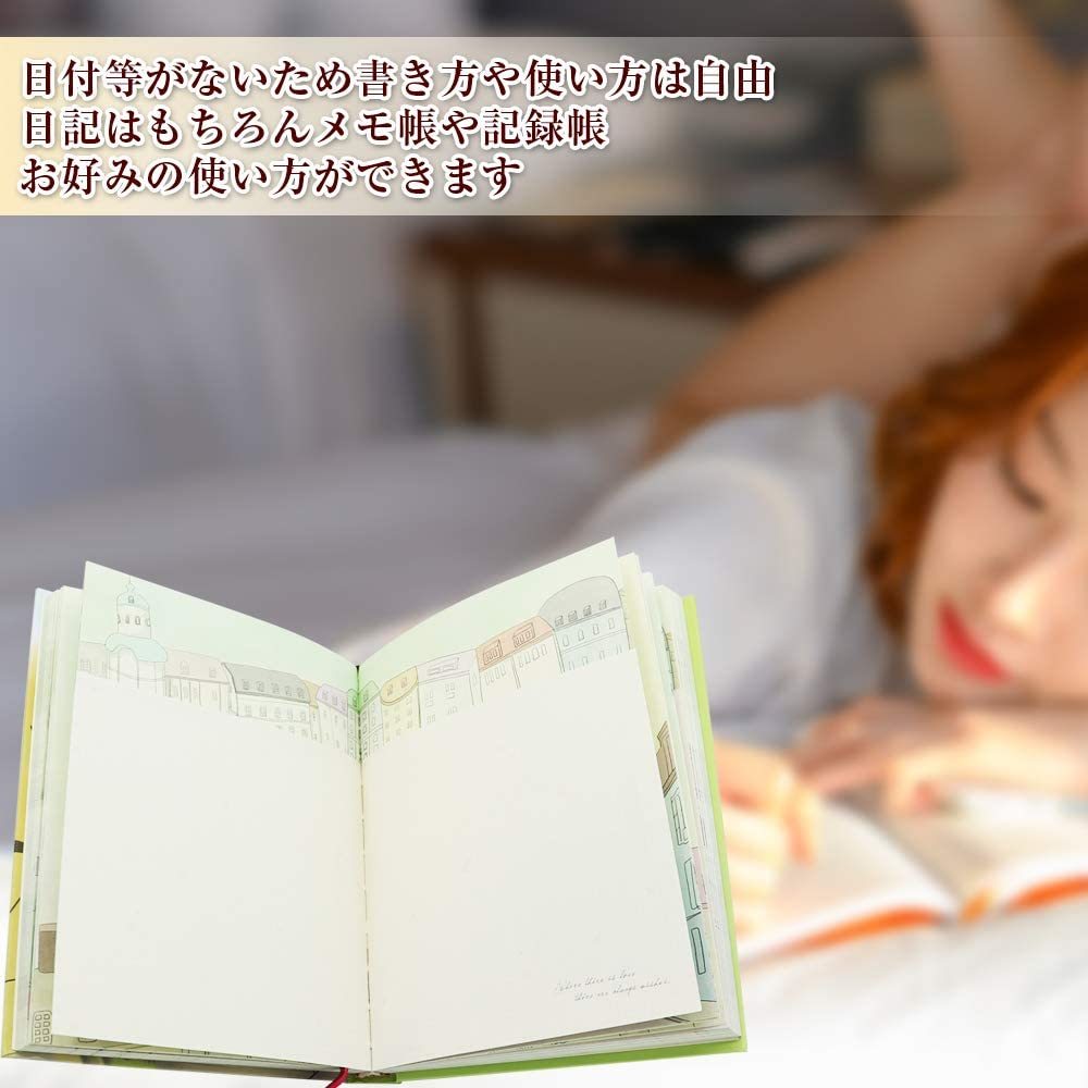 日記帳かわいいメモ帳イラスト日記帳イラスト入りイラスト手帳A5ノート可愛いおしゃれ日付なしデザインノート280ページしおり付きプレゼント贈り物(グリーンピンクパープルブルーのイメージカラーの4種類)