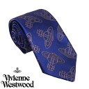 Vivienne Westwood ヴィヴィアン・ウェストウッド ネクタイ ネイビーブルー オーヴィ柄 スリム イタリー製 シルク100％ AW23 S81050001 W00OA K410CS-NAVYBLUE