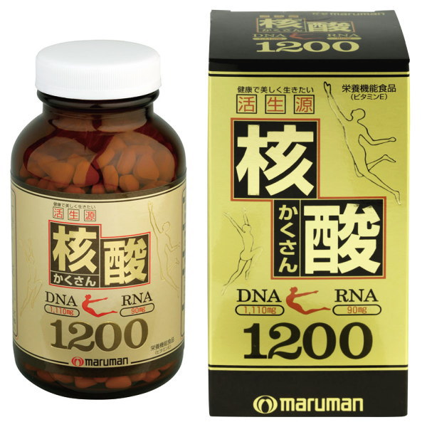 商品詳細 商品名 核酸　1200　600粒 注目成分（10粒中） DNA核酸（白子抽出物）　1,110mg 　 RNA核酸（酵母抽出物）　90mg 原材料 DNA核酸（さけ由来）、 乳糖、 コーンスターチ（非遺伝子組み換え）、 乾燥ビール酵母、 RNA核酸／卵殻カルシウム、 ショ糖脂肪酸エステル、 ビタミンE、 甘味料（ステビア）、 ベタイン、 シェラック 目安 1日10粒程度をお召し上がりください。 製造 発売元 マルマンH＆B株式会社 マルマン お客様センター（お客様相談室） マルマンの健康食品/サプリメントなどの製品に対するご質問やお問合せなどは、専門スタッフがお答えしますのでお気軽にお問合せください。 電話番号 0120-040-562 （フリーダイヤル） 平日　9：30〜17：30 （土、日、祝日、年末年始、夏季休業期間等を除く）マルマン 核酸1200 サプリメント 生物の生命活動にかかわる最も大切な基本物質といわれる「核酸」は、 ストレスや科学物質などによって本来の機能が低下したり、加齢によって合成能力が低下しますので、 食品から核酸成分を積極的にとることが大切です。 DNA核酸とRNA核酸が高含有の核酸成分に、 ビール酵母や不足しがちなカルシウムをブレンドした栄養補助食品です。