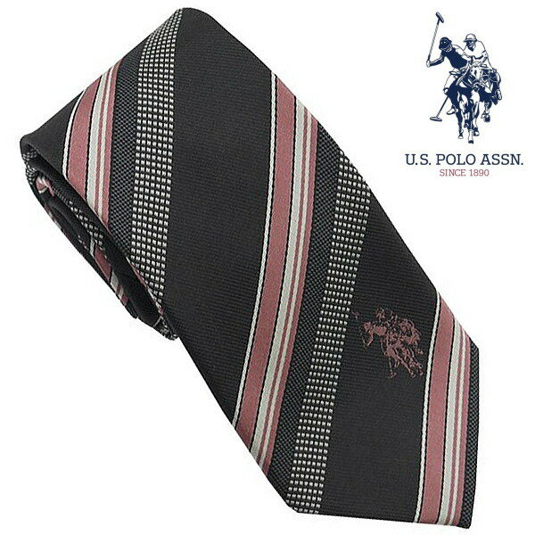 U.S.ポロ ネクタイ グレーストライプ柄 ピンクロゴ シルク100％ USPA-105 GYPK U.S.POLO ASSN ギフト プレゼント
