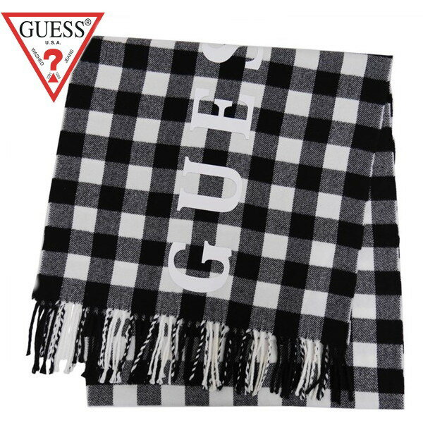 マフラー ゲス スカーフ ブラックチェック系 190cmロングサイズ ユニセックスタイプ あたたかいアクリ..