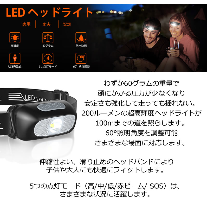 【走っても揺れない軽さ】ヘッドライト 充電式 軽量 USB充電式 LED アウトドア用ヘッドライト 60g 高輝度 超軽量 ヘッドランプ 登山 釣り 作業用 ランニング キャンプ LEDライト ワンタッチ消灯 防災 災害対策 送料無料 KARUI