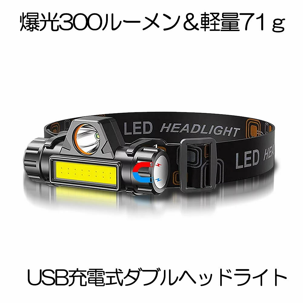 LEDデュアル 光源 USB 充電式 ヘッドライト 高輝度 モード 300ルーメン 集光 散光切替 点灯4-10時間 IPX6防水 DYUAHEDD