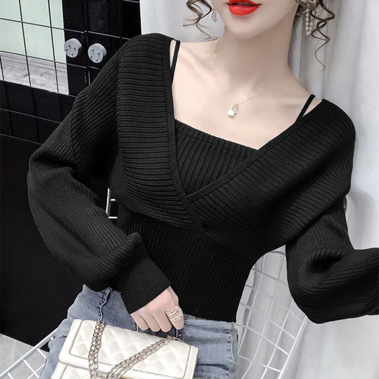 Long-Sleeved Knit - LAYLA 見せかけショートニット/女性/レディース/2021/秋冬/新作/冬新作/秋服/大人/トレンド/ショート丈/トップス/リブ/レイヤード風/ボリューム袖/リブニット/OL/通勤/カシュクール/長