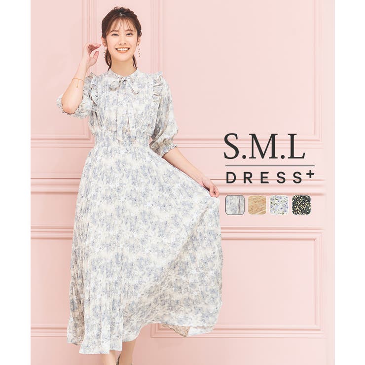 DRESS+ ワンピース 花柄 レトロ柄 半袖 プリーツ ミモレ丈 ワンピース・ドレス