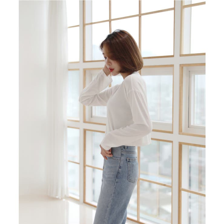 by muni:r シンプル クロップド ロングTシャツ トップス