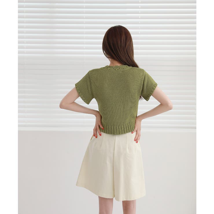 by muni:r レースパンチングVネック半袖クロップドニットカーディガン トップス