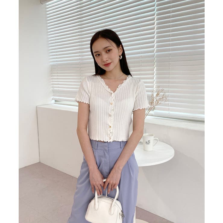 Nylon, Rayon, Polyester - 【10％OFFクーポン！5/27(水)1:59まで】by muni:r ウェーブリブ半袖カーディガン トップス