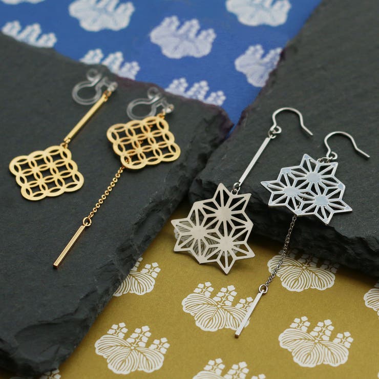【10％OFFクーポン！9/24(木)1:59まで】Melody　Accessory イヤリング ピアス 日本製 K18GP 和風 和柄 麻の葉 七宝 アシンメトリー 花火大会 日本 JAPAN 揺れる ノンホールピアス 樹脂 痛くない レディース ブラ