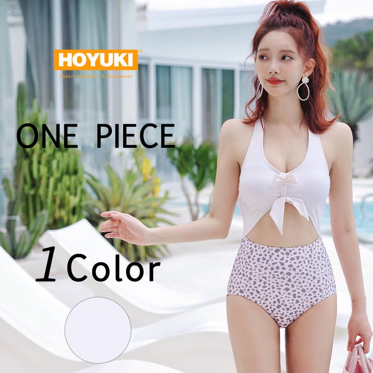 HOYUKI 水着 レディース ワンピース モノキニ 可愛い 韓国 ハイウエスト 体型カバー 飾りリボン クロスデザイン ママ水着 露出控えめ ヒョウ柄 ホワイト S/M/L 水着
