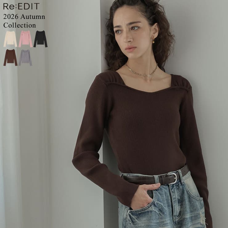 Re:EDIT [2026AW COLLECTION]スイートハートネックショルダーギャザーコンパクトリブニットトップス トップス shoplistselect-10545796 SHOPLIST パッケージ画像